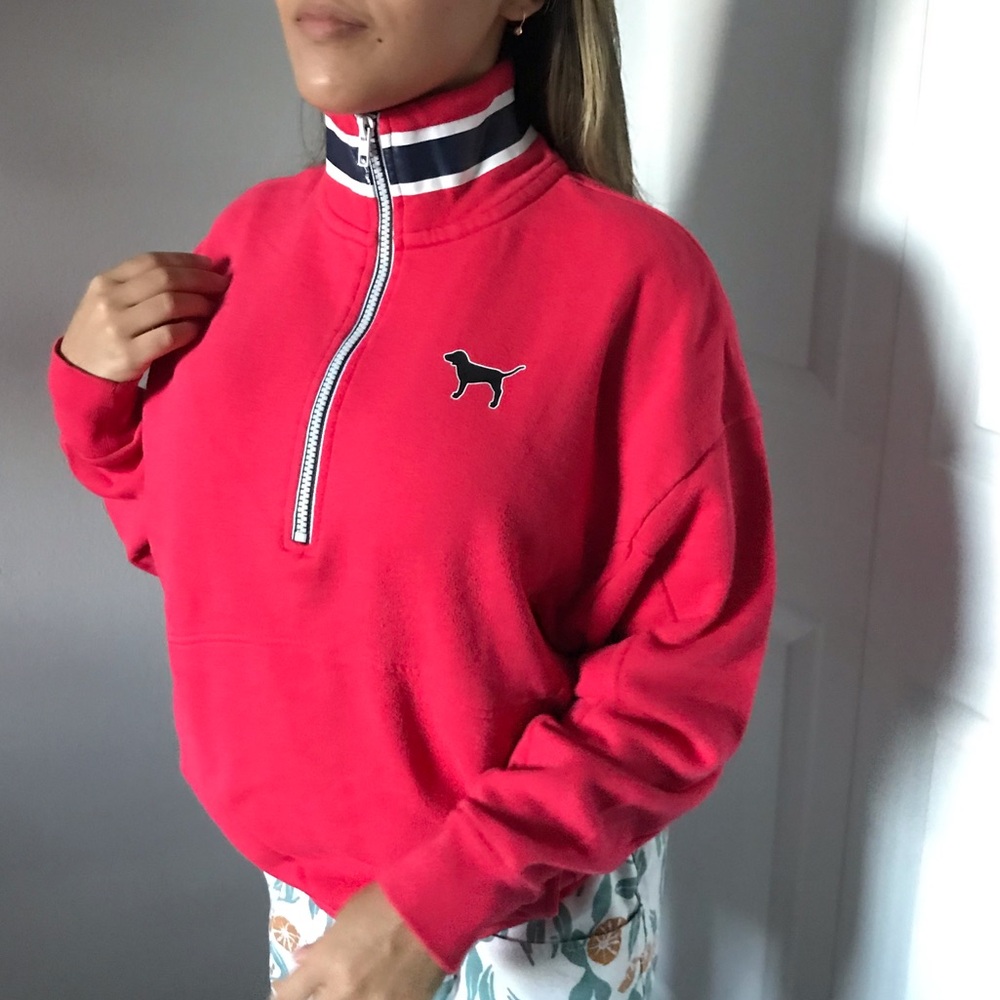 PINK VS High Collar 1/4 zip Red 86 Logo Print Pullover Sweatshirt | L